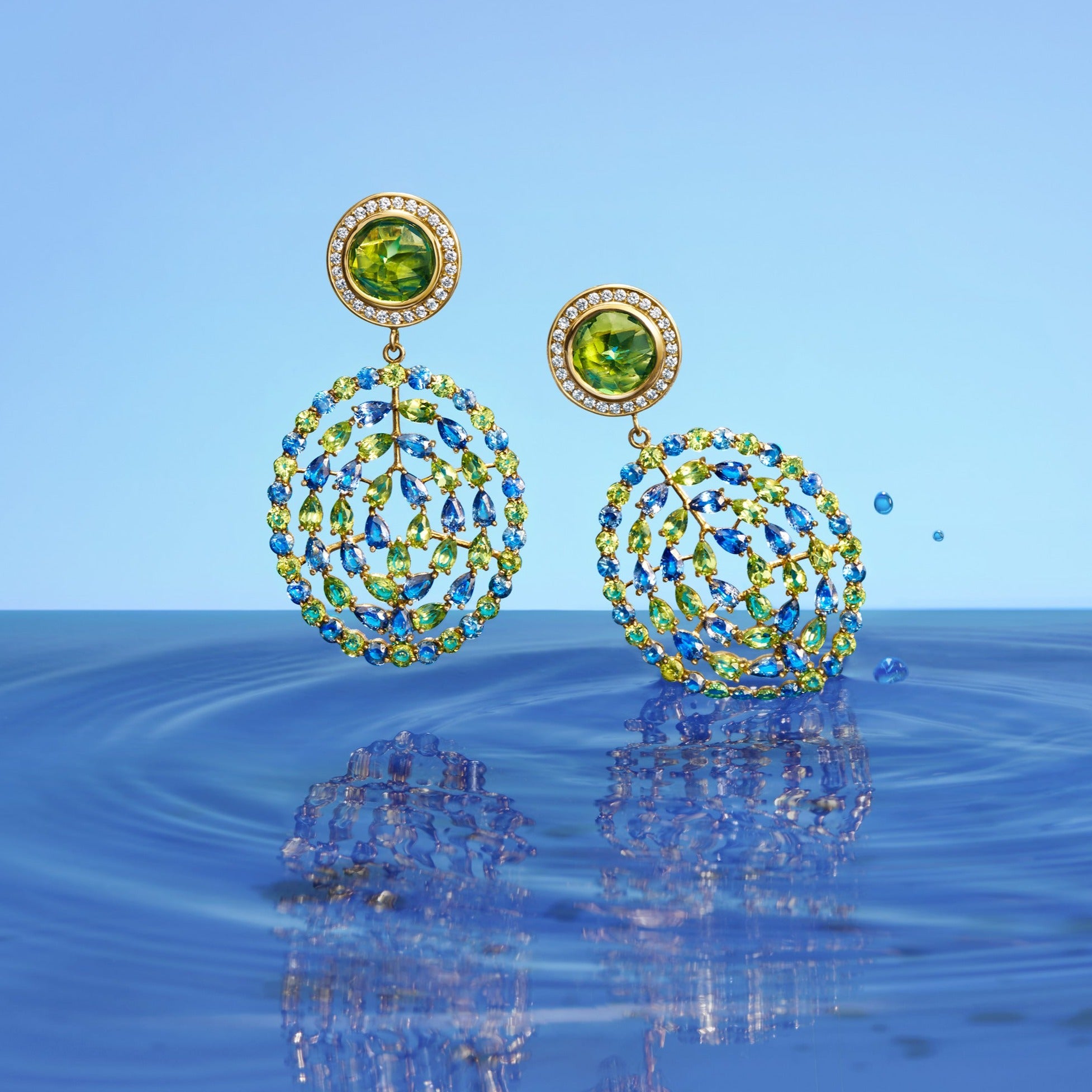 Peridot Earrings with blue and green sapphires