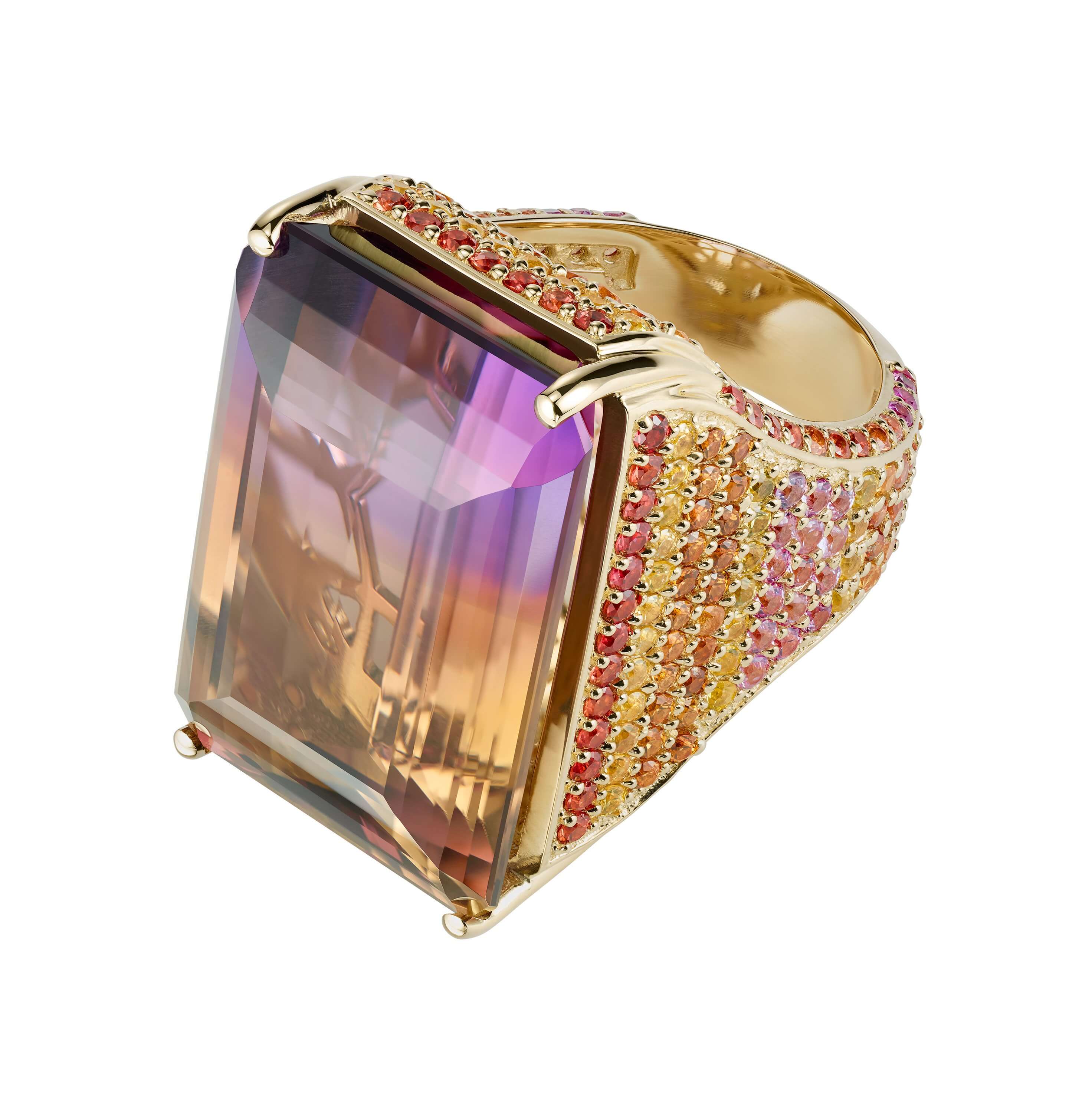 ametrine ring with rainbow sapphires