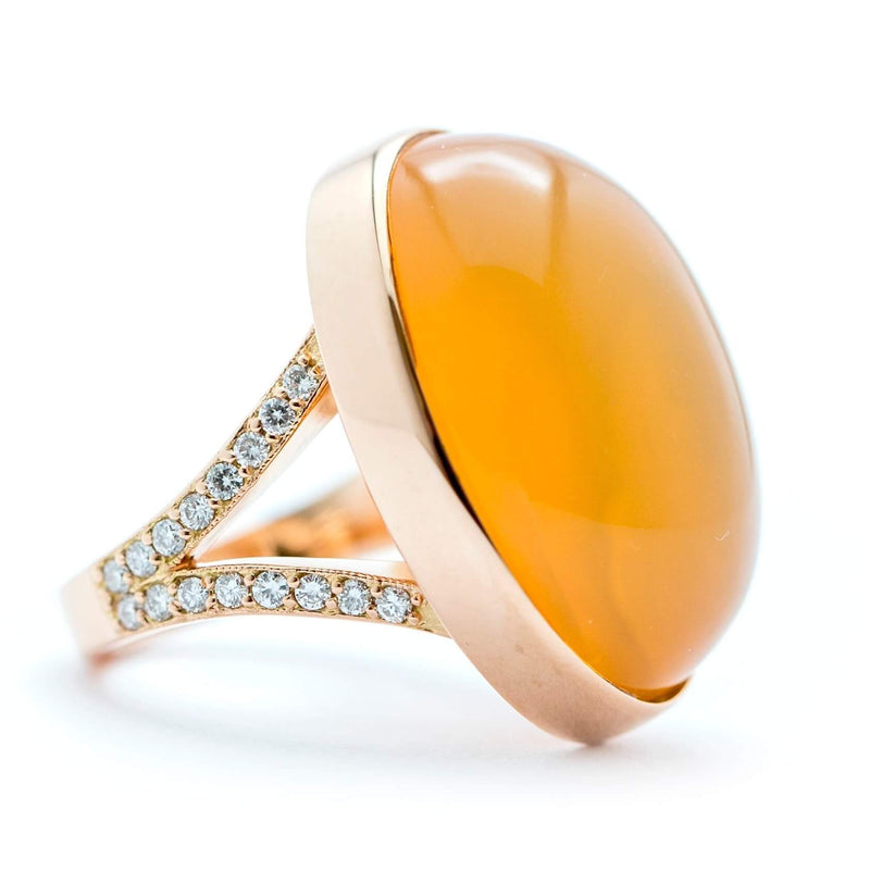 Stunning Yola fire opal ring in oval cabochon and rose gold with diamonds