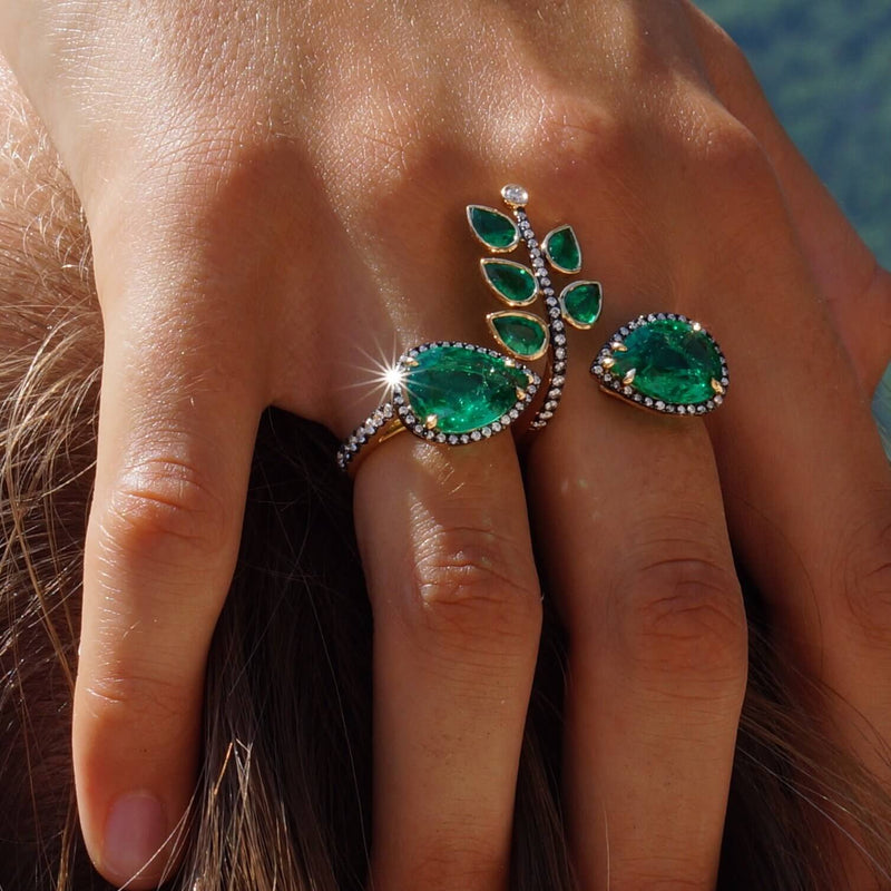 sparkly precious emeralds with white diamonds set in 18k oxidized yellow gold.