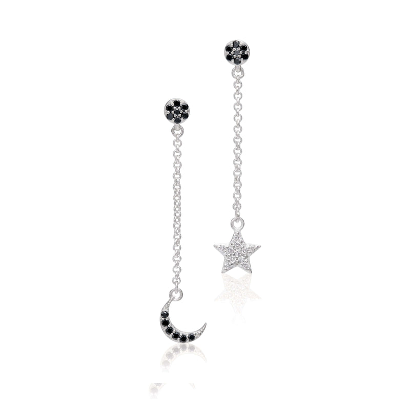 moon and stars night sky silver earrings