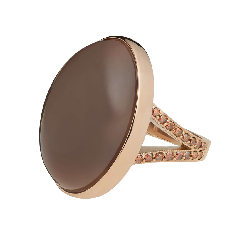 Yola chocolate moonstone ring with red & orange diamonds set in 18k rose gold.