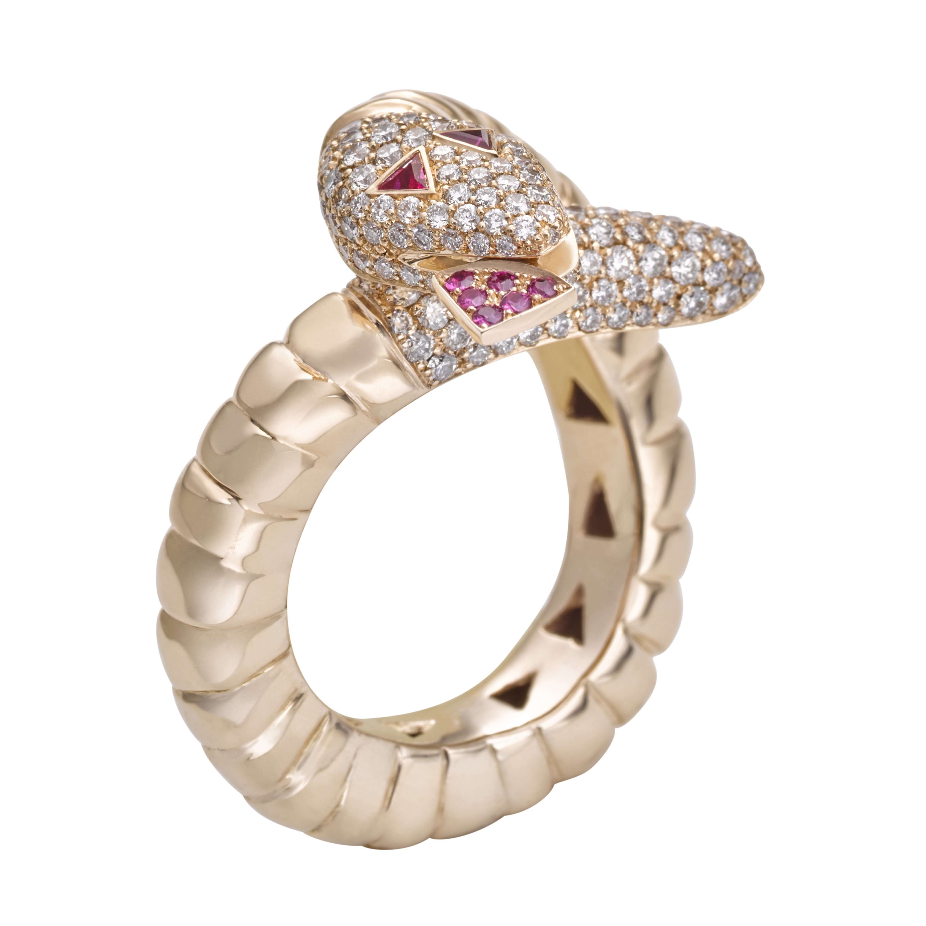Rose Gold Snake Ring with diamonds and rubies