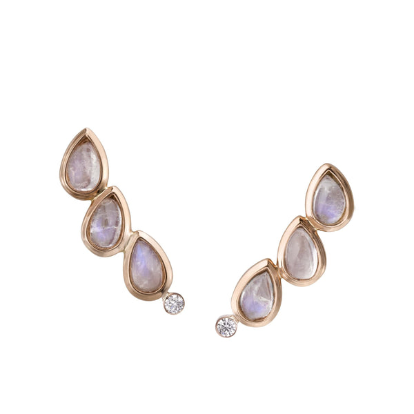Climber Earrings Rose Gold and rainbow moonstones