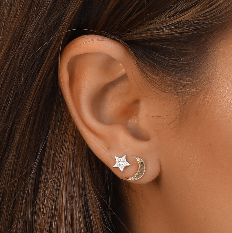 14k white gold star and moon earrings